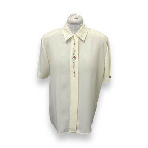 Joan Leslie Women’s Button Up Blouse VTG 80s Career Embroidered Floral Ivory 14